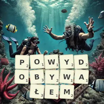 Kreatywna ilustracja do gry w Scrabble ze słowem POWYDOBYWAŁEM ułożonym z płytek na planszy.