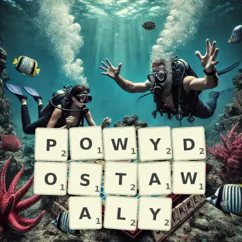 Kreatywna ilustracja do gry w Scrabble ze słowem POWYDOSTAWALY ułożonym z płytek na planszy.