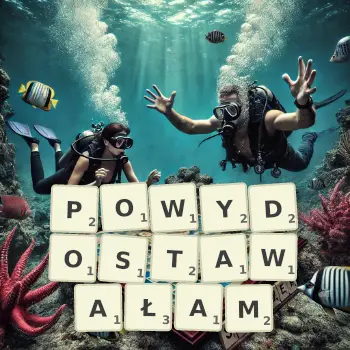 Kreatywna ilustracja do gry w Scrabble ze słowem POWYDOSTAWAŁAM ułożonym z płytek na planszy.