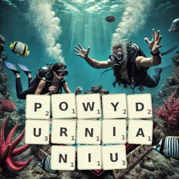 Kreatywna ilustracja do gry w Scrabble ze słowem POWYDURNIANIU ułożonym z płytek na planszy.