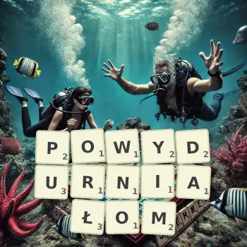 Kreatywna ilustracja do gry w Scrabble ze słowem POWYDURNIAŁOM ułożonym z płytek na planszy.