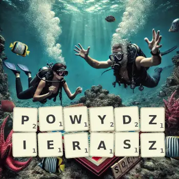 Kreatywna ilustracja do gry w Scrabble ze słowem POWYDZIERASZ ułożonym z płytek na planszy.