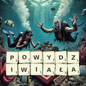 Kreatywna ilustracja do gry w Scrabble ze słowem POWYDZIWIAŁA ułożonym z płytek na planszy.