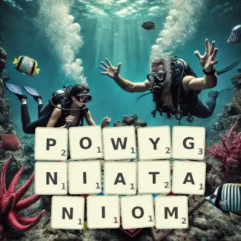 Kreatywna ilustracja do gry w Scrabble ze słowem POWYGNIATANIOM ułożonym z płytek na planszy.