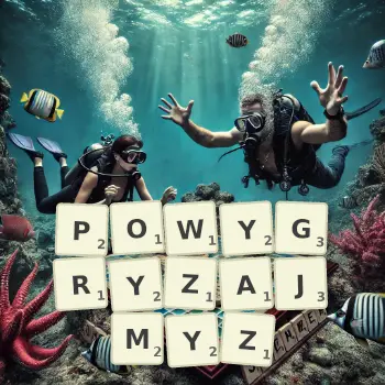 Kreatywna ilustracja do gry w Scrabble ze słowem POWYGRYZAJMYZ ułożonym z płytek na planszy.