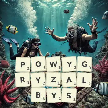 Kreatywna ilustracja do gry w Scrabble ze słowem POWYGRYZALBYS ułożonym z płytek na planszy.