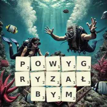 Kreatywna ilustracja do gry w Scrabble ze słowem POWYGRYZAŁBYM ułożonym z płytek na planszy.