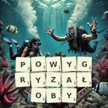 Kreatywna ilustracja do gry w Scrabble ze słowem POWYGRYZAŁOBY ułożonym z płytek na planszy.