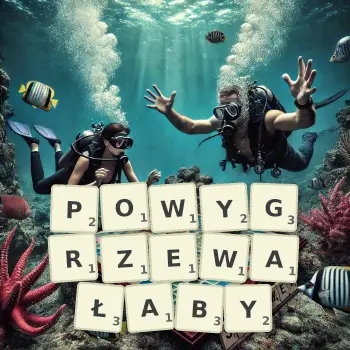 Kreatywna ilustracja do gry w Scrabble ze słowem POWYGRZEWAŁABY ułożonym z płytek na planszy.