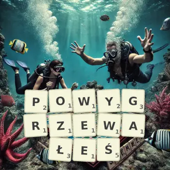 Kreatywna ilustracja do gry w Scrabble ze słowem POWYGRZEWAŁEŚ ułożonym z płytek na planszy.
