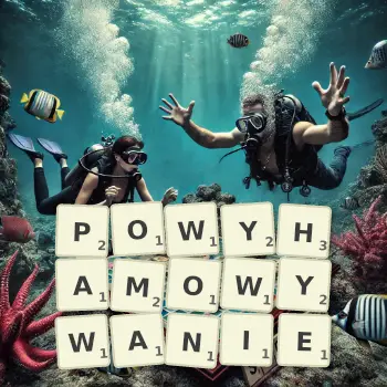 Kreatywna ilustracja do gry w Scrabble ze słowem POWYHAMOWYWANIE ułożonym z płytek na planszy.