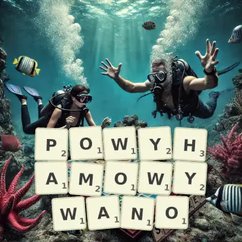 Kreatywna ilustracja do gry w Scrabble ze słowem POWYHAMOWYWANO ułożonym z płytek na planszy.