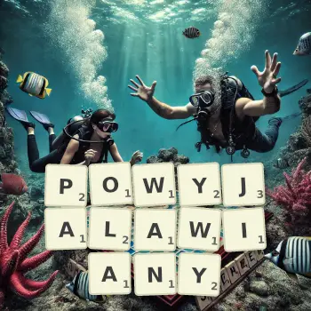 Kreatywna ilustracja do gry w Scrabble ze słowem POWYJALAWIANY ułożonym z płytek na planszy.