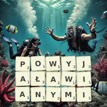 Kreatywna ilustracja do gry w Scrabble ze słowem POWYJAŁAWIANYMI ułożonym z płytek na planszy.