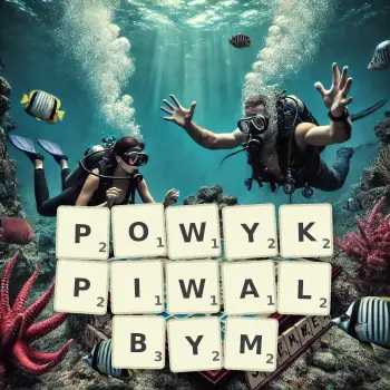 Kreatywna ilustracja do gry w Scrabble ze słowem POWYKPIWALBYM ułożonym z płytek na planszy.