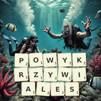Kreatywna ilustracja do gry w Scrabble ze słowem POWYKRZYWIALES ułożonym z płytek na planszy.