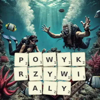 Kreatywna ilustracja do gry w Scrabble ze słowem POWYKRZYWIALY ułożonym z płytek na planszy.