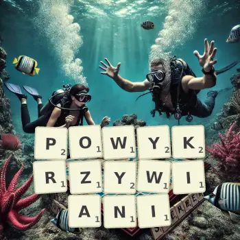 Kreatywna ilustracja do gry w Scrabble ze słowem POWYKRZYWIANI ułożonym z płytek na planszy.