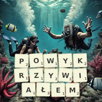 Kreatywna ilustracja do gry w Scrabble ze słowem POWYKRZYWIAŁEM ułożonym z płytek na planszy.
