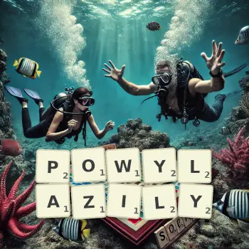 Kreatywna ilustracja do gry w Scrabble ze słowem POWYLAZILY ułożonym z płytek na planszy.