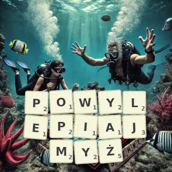 Kreatywna ilustracja do gry w Scrabble ze słowem POWYLEPIAJMYŻ ułożonym z płytek na planszy.