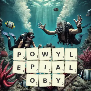 Kreatywna ilustracja do gry w Scrabble ze słowem POWYLEPIALOBY ułożonym z płytek na planszy.