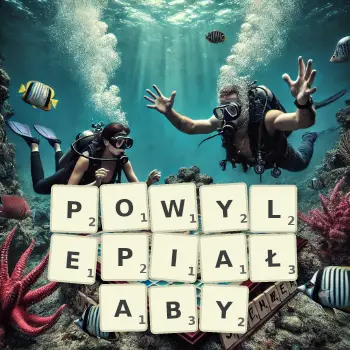 Kreatywna ilustracja do gry w Scrabble ze słowem POWYLEPIAŁABY ułożonym z płytek na planszy.