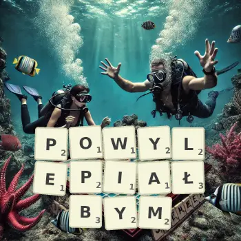 Kreatywna ilustracja do gry w Scrabble ze słowem POWYLEPIAŁBYM ułożonym z płytek na planszy.