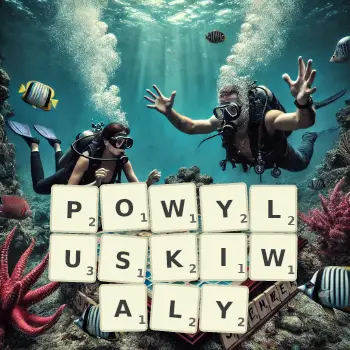 Kreatywna ilustracja do gry w Scrabble ze słowem POWYLUSKIWALY ułożonym z płytek na planszy.