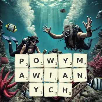 Kreatywna ilustracja do gry w Scrabble ze słowem POWYMAWIANYCH ułożonym z płytek na planszy.
