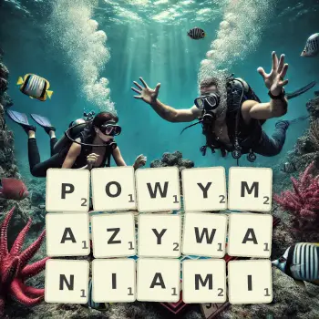 Kreatywna ilustracja do gry w Scrabble ze słowem POWYMAZYWANIAMI ułożonym z płytek na planszy.