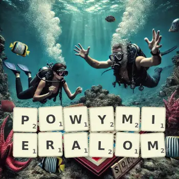 Kreatywna ilustracja do gry w Scrabble ze słowem POWYMIERALOM ułożonym z płytek na planszy.