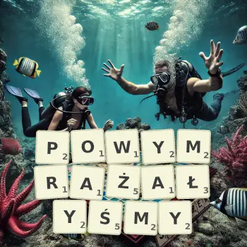 Kreatywna ilustracja do gry w Scrabble ze słowem POWYMRAŻAŁYŚMY ułożonym z płytek na planszy.