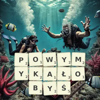 Kreatywna ilustracja do gry w Scrabble ze słowem POWYMYKAŁOBYŚ ułożonym z płytek na planszy.