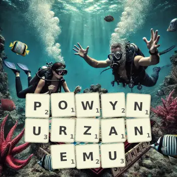 Kreatywna ilustracja do gry w Scrabble ze słowem POWYNURZANEMU ułożonym z płytek na planszy.