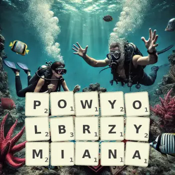 Kreatywna ilustracja do gry w Scrabble ze słowem POWYOLBRZYMIANA ułożonym z płytek na planszy.