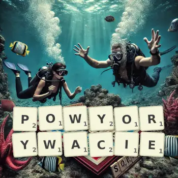 Kreatywna ilustracja do gry w Scrabble ze słowem POWYORYWACIE ułożonym z płytek na planszy.