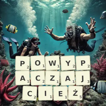 Kreatywna ilustracja do gry w Scrabble ze słowem POWYPACZAJCIEŻ ułożonym z płytek na planszy.