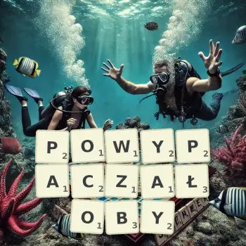 Kreatywna ilustracja do gry w Scrabble ze słowem POWYPACZAŁOBY ułożonym z płytek na planszy.