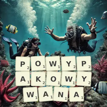 Kreatywna ilustracja do gry w Scrabble ze słowem POWYPAKOWYWANA ułożonym z płytek na planszy.