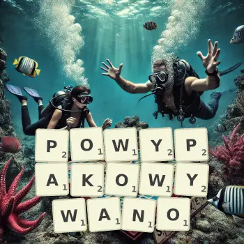 Kreatywna ilustracja do gry w Scrabble ze słowem POWYPAKOWYWANO ułożonym z płytek na planszy.