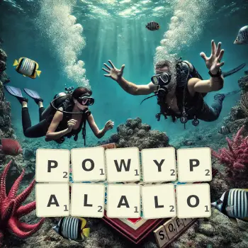 Kreatywna ilustracja do gry w Scrabble ze słowem POWYPALALO ułożonym z płytek na planszy.