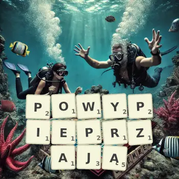 Kreatywna ilustracja do gry w Scrabble ze słowem POWYPIEPRZAJĄ ułożonym z płytek na planszy.