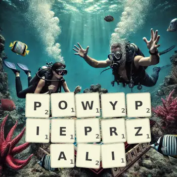Kreatywna ilustracja do gry w Scrabble ze słowem POWYPIEPRZALI ułożonym z płytek na planszy.