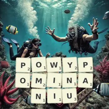 Kreatywna ilustracja do gry w Scrabble ze słowem POWYPOMINANIU ułożonym z płytek na planszy.