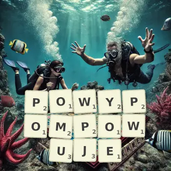 Kreatywna ilustracja do gry w Scrabble ze słowem POWYPOMPOWUJE ułożonym z płytek na planszy.