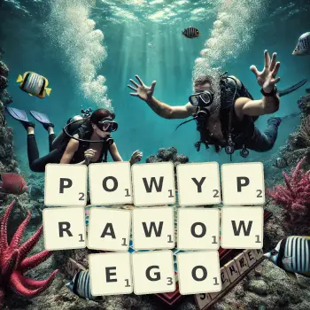 Kreatywna ilustracja do gry w Scrabble ze słowem POWYPRAWOWEGO ułożonym z płytek na planszy.