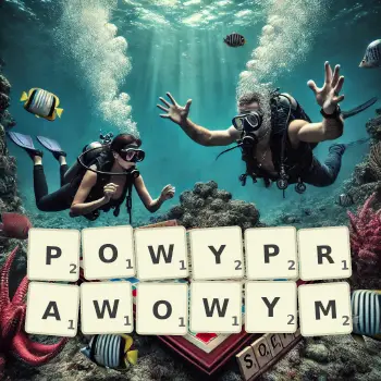 Kreatywna ilustracja do gry w Scrabble ze słowem POWYPRAWOWYM ułożonym z płytek na planszy.