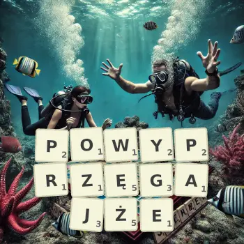 Kreatywna ilustracja do gry w Scrabble ze słowem POWYPRZĘGAJŻE ułożonym z płytek na planszy.