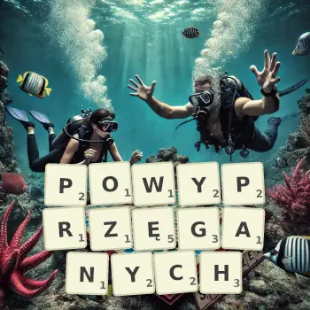 Kreatywna ilustracja do gry w Scrabble ze słowem POWYPRZĘGANYCH ułożonym z płytek na planszy.